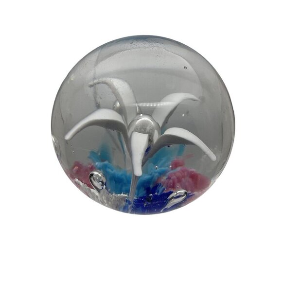 Hand-Blown Art Glass Paperweight With White Lily Flower & Colorful Base - Picture 2 of 8